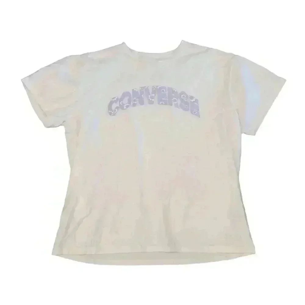 Converse Women's Cream &βLavender Graphic Cotton Knit Crewneck Short Sleeve T-sh